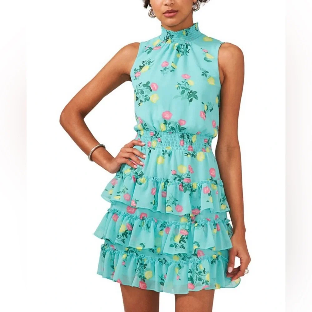 NWT 1. State Floral High Shirred Neck Sleeveless Ruffle Skirt Mini Dress -Sz XL - Picture 2 of 16